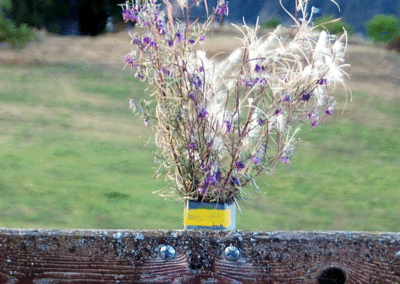 Bouquet de fleurs sauvages accroché à une barrière à Heyre.