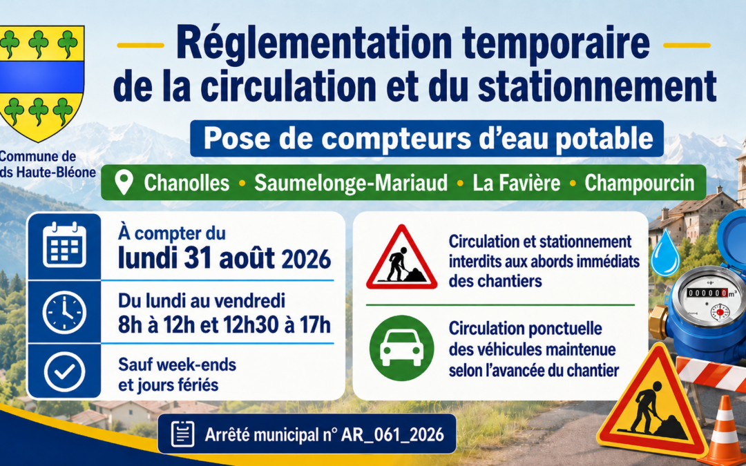 Pose de compteurs d’eau potable : circulation et stationnement réglementés à partir du 31 août 2026