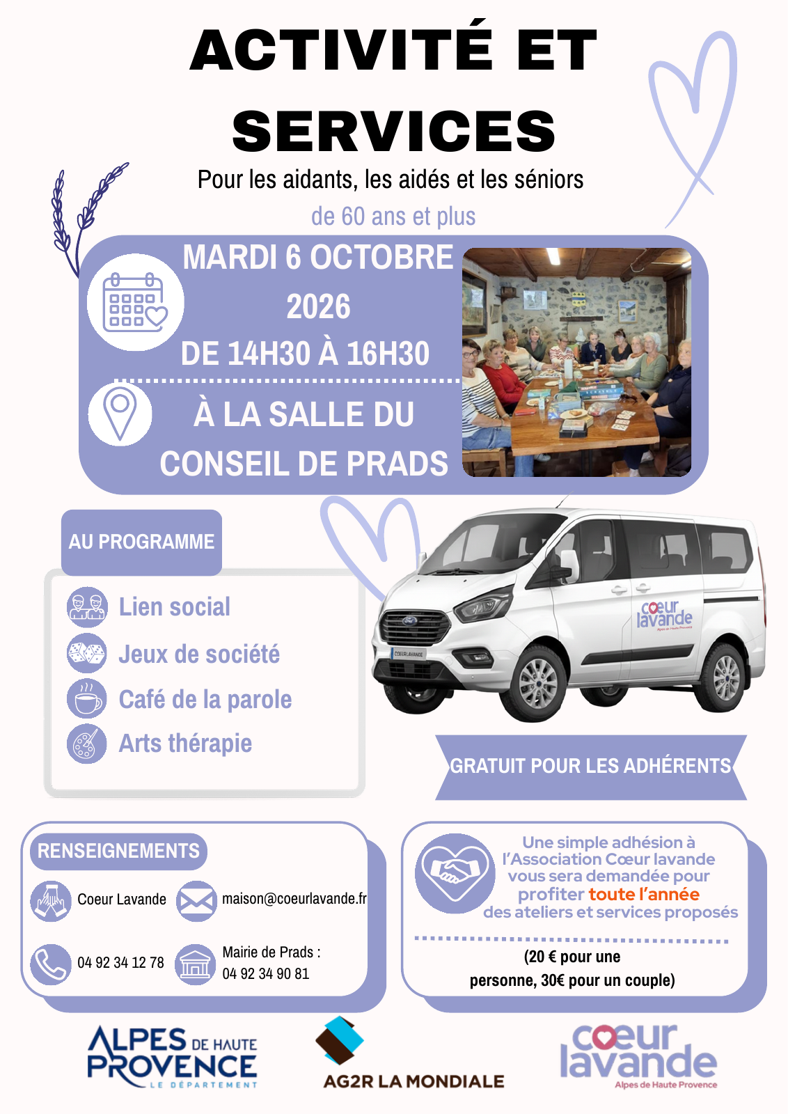 Affiche Cœur Lavande : rencontre du 6 octobre 2026, de 14 h 30 à 16 h 30, salle du conseil de Prads. Programme et modalités détaillés sur cette page.