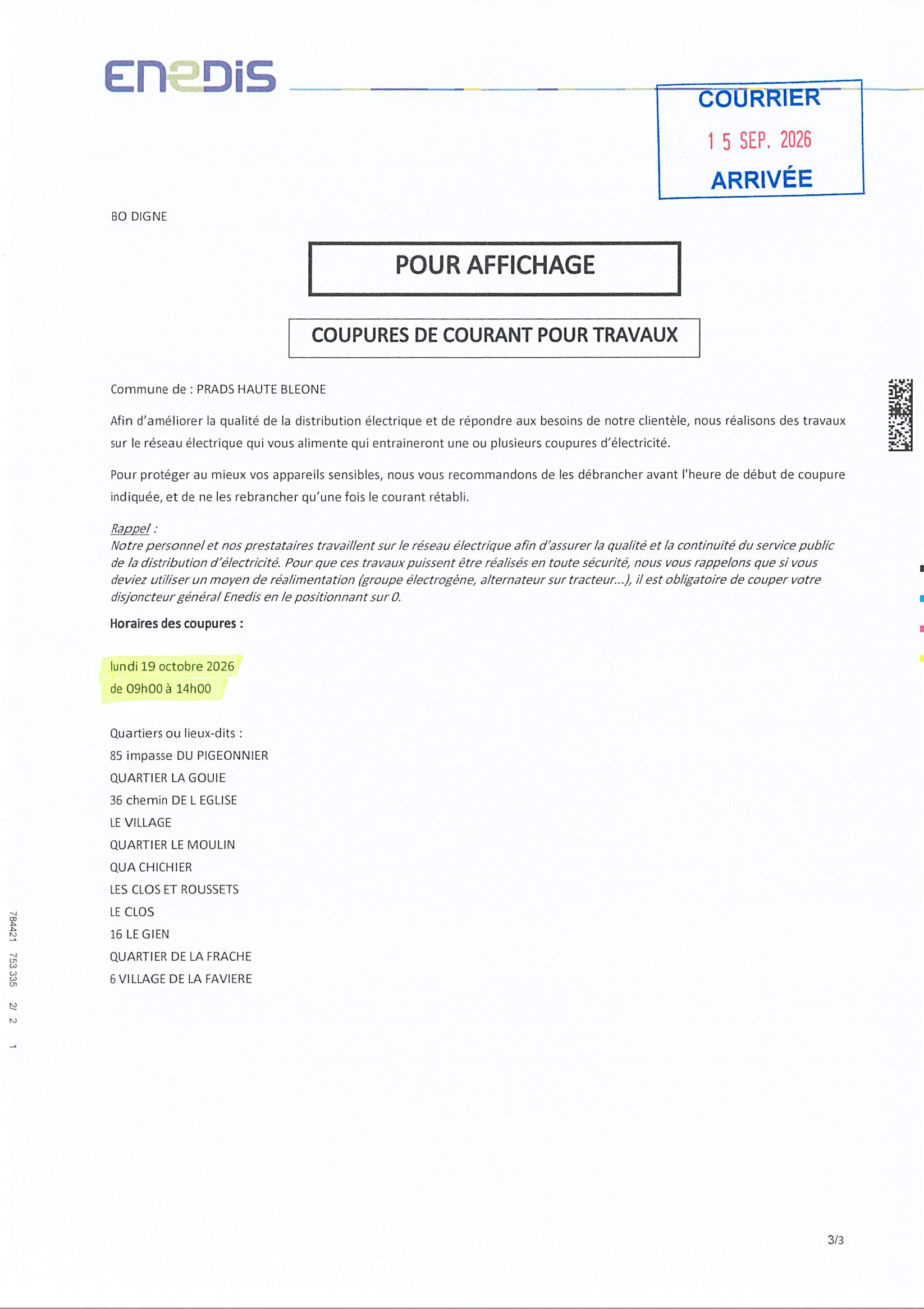 Avis Enedis : coupure le 19 octobre 2026 de 9 h à 14 h. Transcription disponible sous le document.