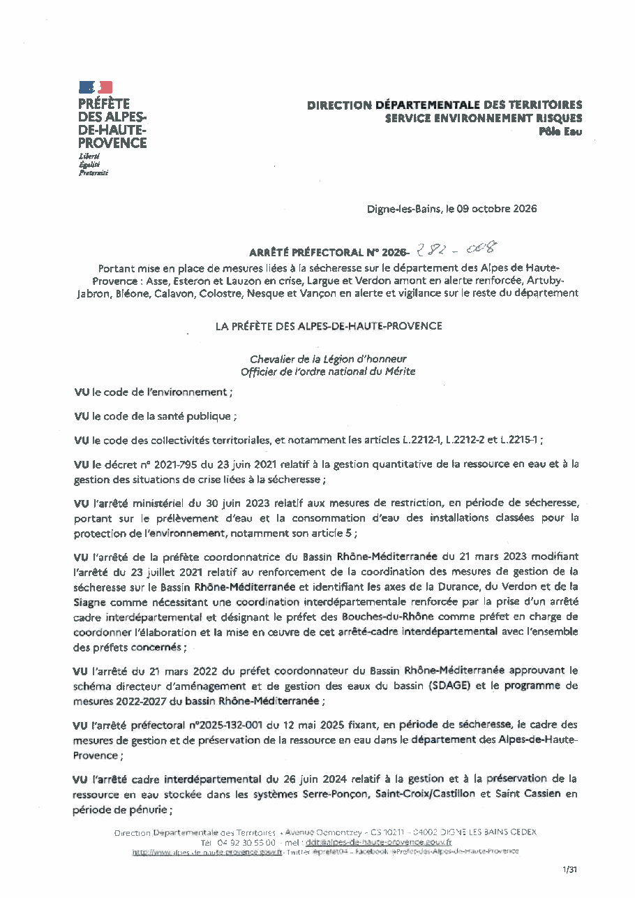 Première page de l’arrêté préfectoral sécheresse du 9 octobre 2026. Le lien ouvre le PDF complet.
