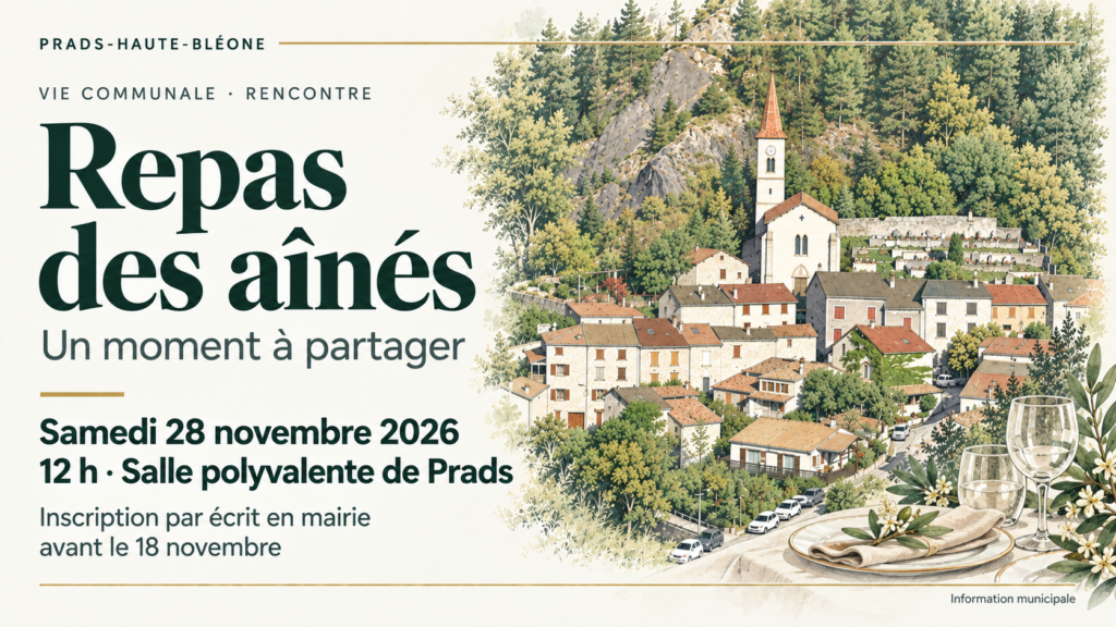 repas-aines-28-novembre-2026-v1 Repas des aînés, samedi 28 novembre 2026 à 12 h à la salle polyvalente de Prads. Illustration du village et d’une table dressée.