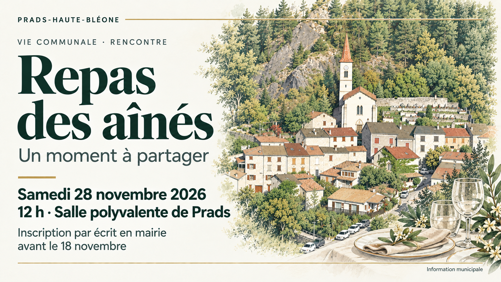 Repas des aînés, samedi 28 novembre 2026 à 12 h à la salle polyvalente de Prads. Illustration du village et d’une table dressée.